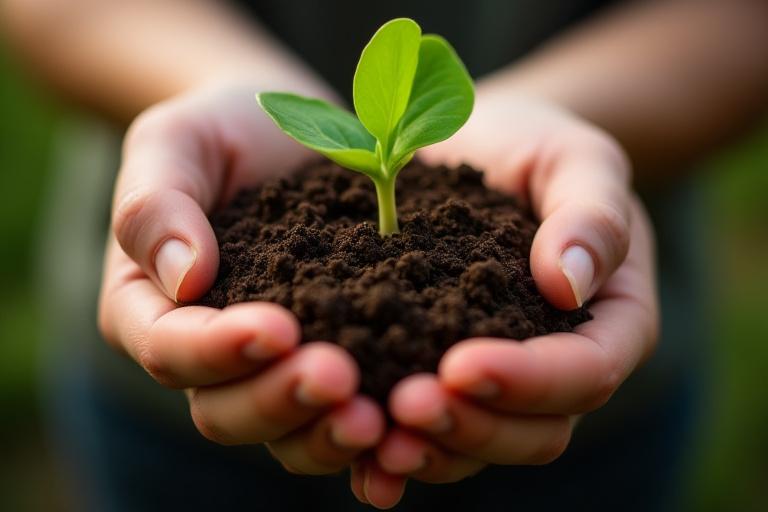 両手で土と若葉を優しく包み込んでいる写真